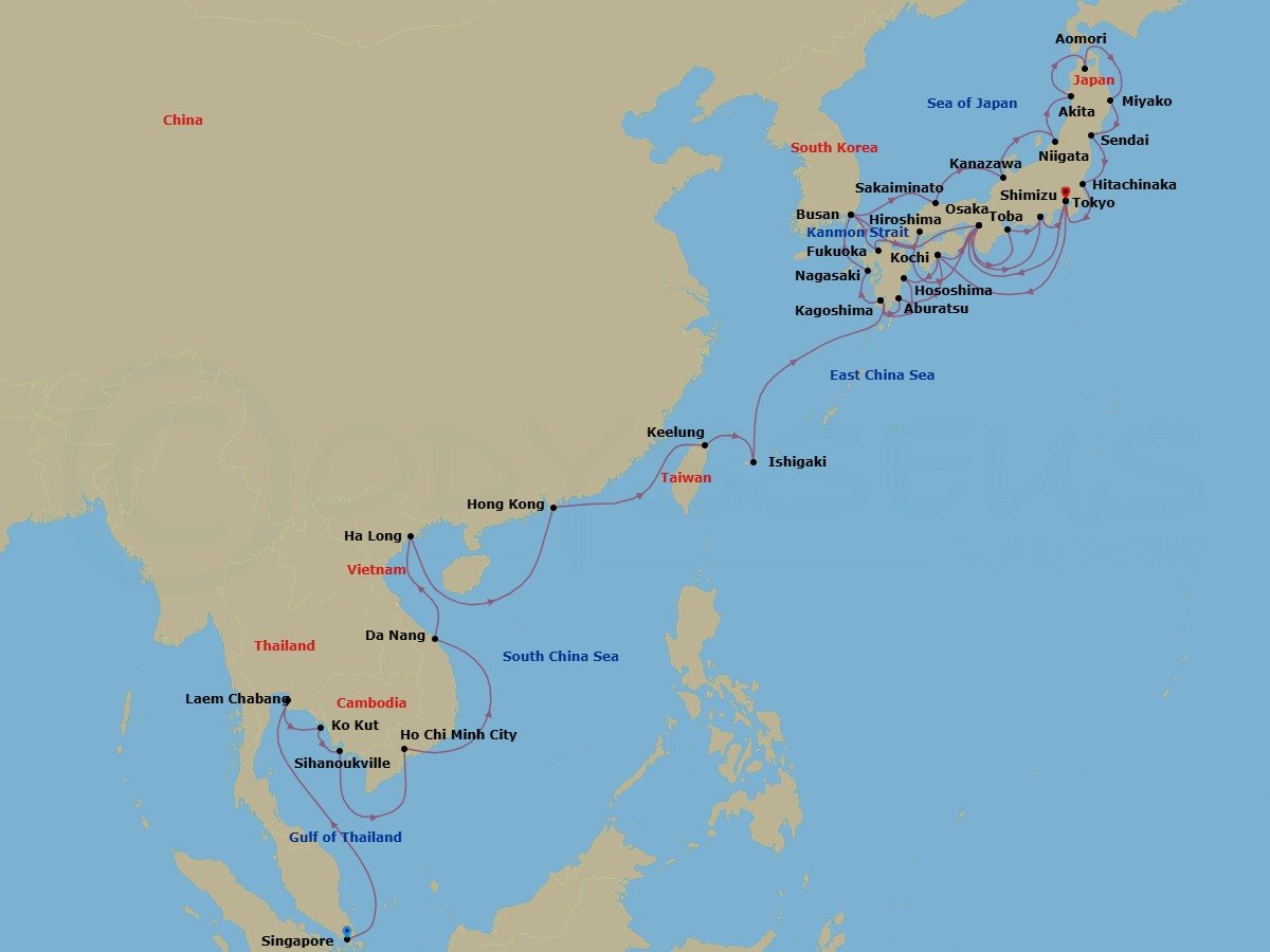 Route map: Singapore → Laem Chabang (Bangkok), Thailand → Ko Kood, Thailand → Sihanoukville, Cambodia → Ho Chi Minh City (Saigon), Vietnam → Da Nang (Hue), Vietnam → Halong Bay, Vietnam → Hong Kong, China → Keelung (Taipei), Taiwan → Ishigaki Island, Japan
