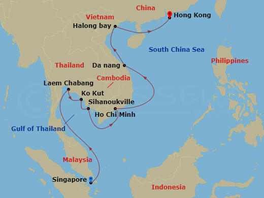 Route map: Singapore → Laem Chabang (Bangkok), Thailand → Ko Kood, Thailand → Sihanoukville, Cambodia → Ho Chi Minh City (Saigon), Vietnam → Da Nang (Hue), Vietnam → Halong Bay, Vietnam → Hong Kong, China