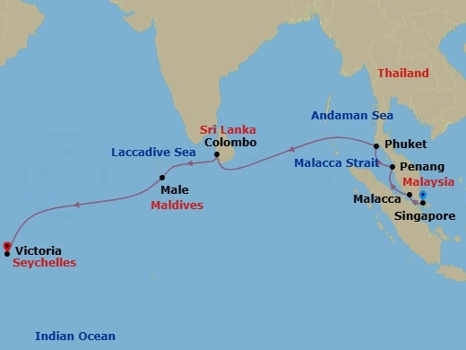 Route map: Singapore → Malacca, Malaysia → Penang, Malaysia → Phuket, Thailand → Colombo, Sri Lanka → Male, Maldives → Victoria, Mahe, Seychelles