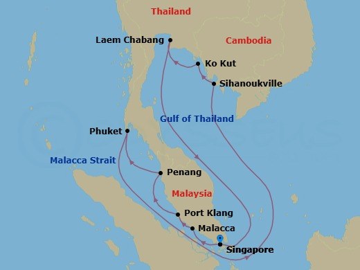 Route map: Singapore → Malacca, Malaysia → Port Klang (Kuala Lumpur), Malaysia → Penang, Malaysia → Phuket, Thailand → Sihanoukville, Cambodia → Ko Kood, Thailand → Laem Chabang (Bangkok), Thailand → Singapore