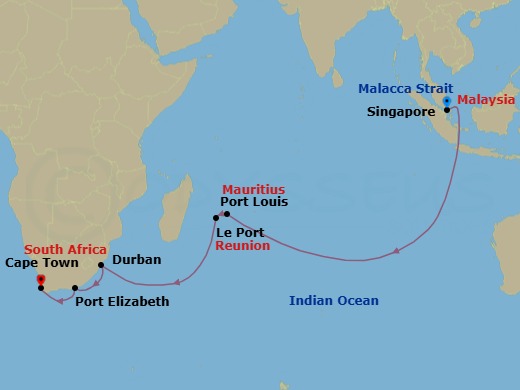 Route map: Singapore → Port Louis, Mauritius → Le Port, Reunion → Durban, South Africa → Gqeberha (Port Elizabeth),    South Africa → Cape Town, South Africa