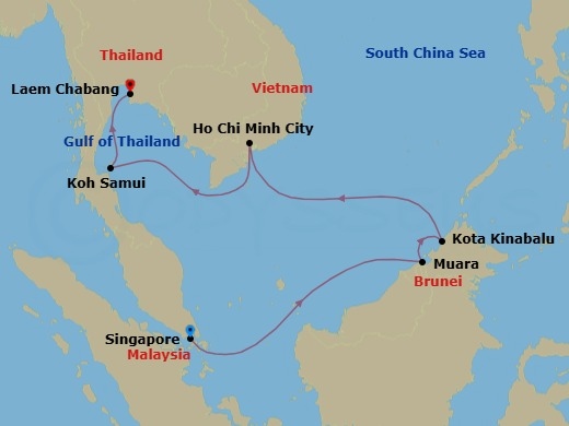 Route map: Singapore → Muara → Kota Kinabalu → Ho Chi Minh City (Saigon) → Ko Samui → Bangkok (Laem Chabang)