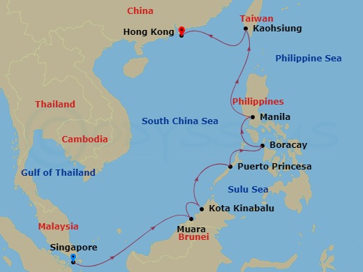Route map: Singapore → Muara → Kota Kinabalu (Borneo) → Puerto Princesa → Boracay Island → Manila → Kaohsiung → Hong Kong