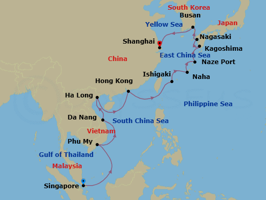 Route map: Singapore → Phu My → Da Nang → Ha Long → Hong Kong → Ishigaki Island → Naha Port_Name,Okinawa → Naze (Amami Islands) → Kagoshima → Nagasaki