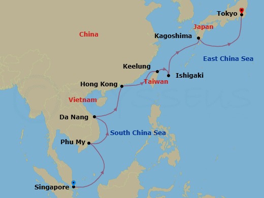 Route map: Singapore → Ho Chi Minh City (Phu My), Vietnam → Da Nang/Hue (Chan May),Vietnam → Hong Kong → Taipei (Keelung) → Ishigaki, Japan → Kagoshima, Japan → Tokyo, Japan