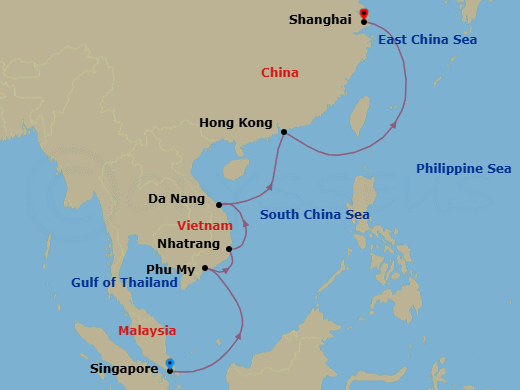 Route map: Singapore → Phu My → Nha Trang → Da Nang → Hong Kong → Shanghai