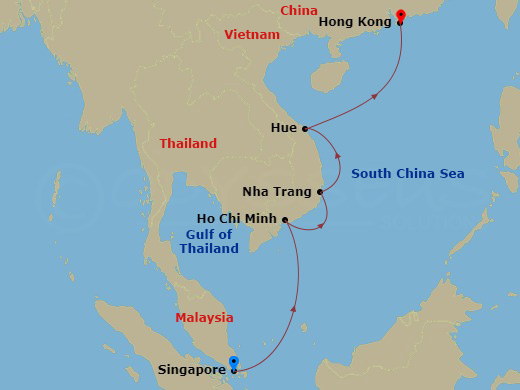 Route map: Singapore → Phu My → Nha Trang → Da Nang → Hong Kong