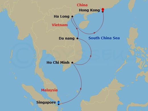 Route map: Singapore → Phu My → Da Nang → Ha Long → Hong Kong