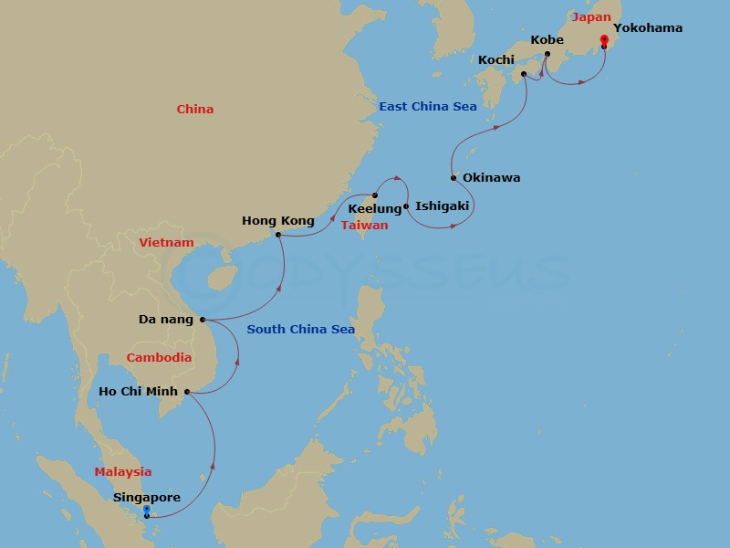 Route map: Singapore → Ho Chi Minh City (Phu My), Vietnam → Da Nang/Hue (Chan May),Vietnam → Hong Kong → Taipei (Keelung) → Ishigaki, Japan → Okinawa, Japan → Kochi, Japan → Kobe (for Kyoto), Japan → Tokyo (Yokohama), Japan