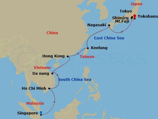 Route map: Singapore, Singapore → Ho Chi Minh(Phu My), Vietnam → Hue/Danang(Chan May),Vietnam → Hong Kong, China → Taipei(Keelung),Taiwan,China → Nagasaki, Japan → Mt Fuji (Shimizu), Japan → Tokyo (Yokohama), Japan