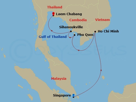 Route map: Singapore → Phu My → Phu Quoc → Sihanoukville → Bangkok/Laem Chabang