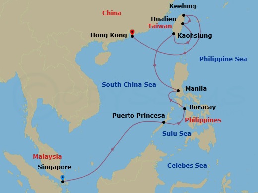 Route map: Singapore → Puerto Princesa, Philippines → Boracay, Philippines → Manila, Philippines → Kaohsiung, Taiwan → Hualien, Taiwan → Keelung (Taipei), Taiwan → Hong Kong, China