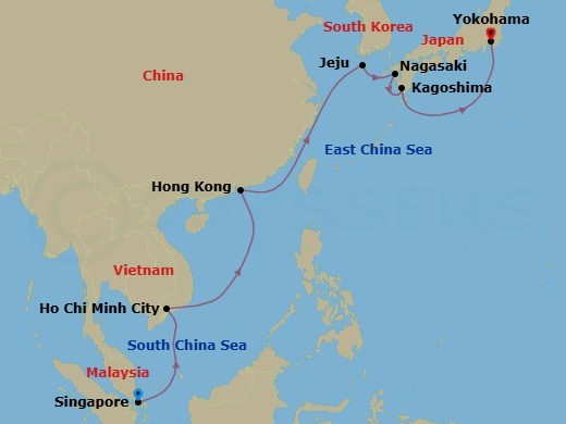 Route map: Singapore, Singapore → Ho Chi Minh Phuoc An,Vietnam → Hong Kong, China → Jeju(Seogwipo),South Korea → Nagasaki, Japan → Kagoshima, Japan → Tokyo (Yokohama), Japan