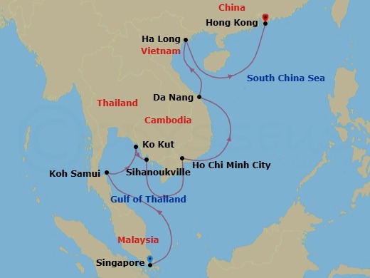 Route map: Singapore → Ko Samui, Thailand → Ko Kood, Thailand → Sihanoukville, Cambodia → Ho Chi Minh City (Saigon), Vietnam → Da Nang (Hue), Vietnam → Halong Bay, Vietnam → Hong Kong, China
