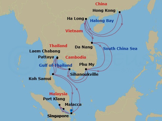 Route map: Singapore → Koh Samui → Laem Chabang → Sihanoukville → Phu My → Da Nang → Ha Long → Hong Kong → Ha Long → Da Nang