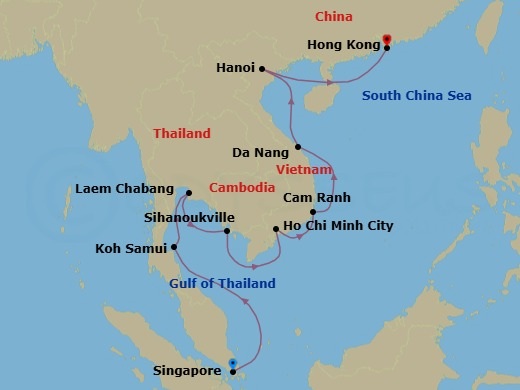 Route map: Singapore → Ko Samui → Bangkok (Laem Chabang) → Sihanoukville → Saigon (Ho Chi Minh City) → Cam Ranh → Hue (Da Nang) → Hanoi (Ha Long Bay) → Hong Kong