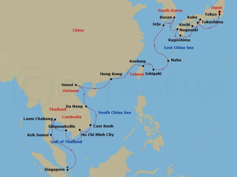 Route map: Singapore → Ko Samui → Bangkok (Laem Chabang) → Sihanoukville → Saigon (Ho Chi Minh City) → Cam Ranh → Hue (Da Nang) → Hanoi (Ha Long Bay) → Hong Kong → Taipei (Keelung)