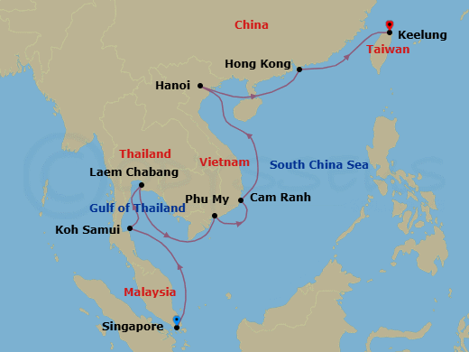 Route map: Singapore → Ko Samui → Bangkok (Laem Chabang) → Phu My (Ho Chi Minh City) → Cam Ranh → Hanoi (Ha Long Bay) → Hong Kong → Taipei (Keelung)