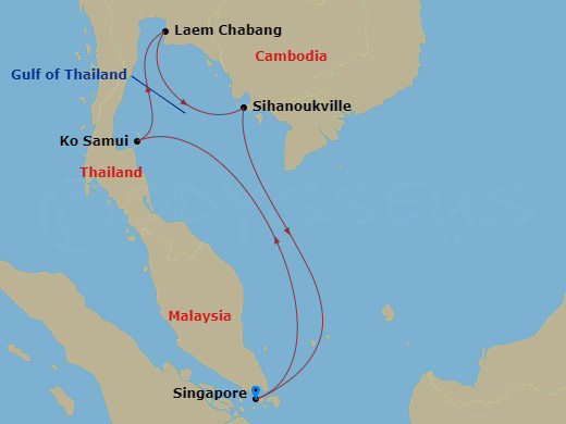 Route map: Singapore → Koh Samui → Bangkok/Laem Chabang → Sihanoukville → Singapore