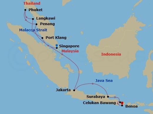 Route map: Singapore → Kuala Lumpur (Port Klang) → Langkawi → Phuket → Penang → Jakarta → Surabaya → Celukan Bawang (Bali) → Bali (Benoa)