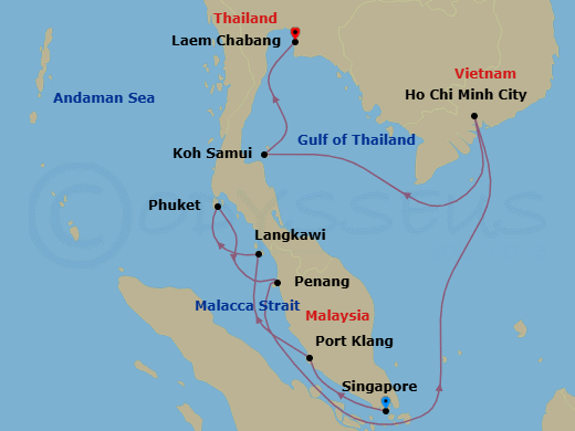 Route map: Singapore → Kuala Lumpur (Port Klang) → Langkawi → Phuket → Penang → Ho Chi Minh City (Phu My) → Ko Samui → Bangkok (Laem Chabang)