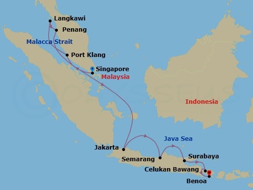 Route map: Singapore → Kuala Lumpur (Port Klang) → Langkawi → Penang → Jakarta → Semarang (Java) → Surabaya → Celukan Bawang (Bali) → Bali (Benoa)