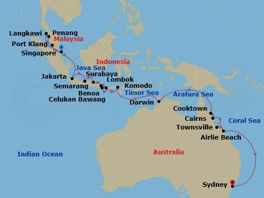 Route map: Singapore → Kuala Lumpur (Port Klang) → Langkawi → Penang → Jakarta → Semarang (Java) → Surabaya → Celukan Bawang (Bali) → Bali (Benoa) → Lombok (Lembar)
