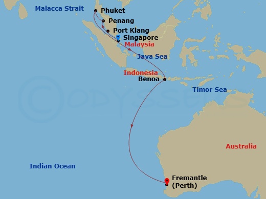Route map: Singapore → Kuala Lumpur (Port Kelang), Malaysia → Penang, Malaysia → Phuket, Thailand → Bali (Benoa), Indonesia → Perth (Fremantle), Australia