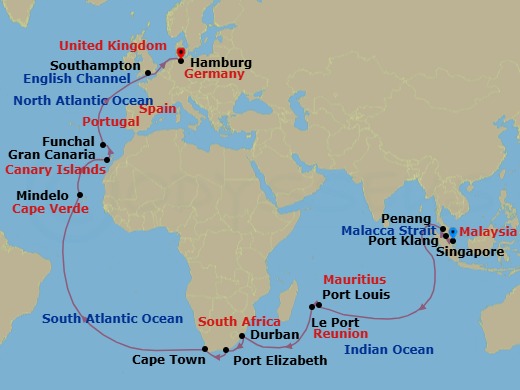 Route map: Singapore → Port Klang, MY → Penang, Malaysia → Port Louis, Mauritius → Le Port, Reunion → Durban, South Africa → Gqeberha (Port Elizabeth),    South Africa → Cape Town, South Africa → Mindelo, St Vincent, Cape     Verde → Gran Canaria, Spain