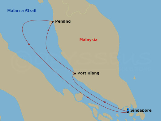 Route map: Singapore, Singapore → Port Klang, Malaysia → Penang, Malaysia → Singapore, Singapore