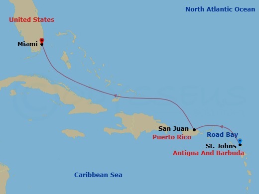 Route map: St. John's (Antigua) → Road Bay → San Juan → Miami