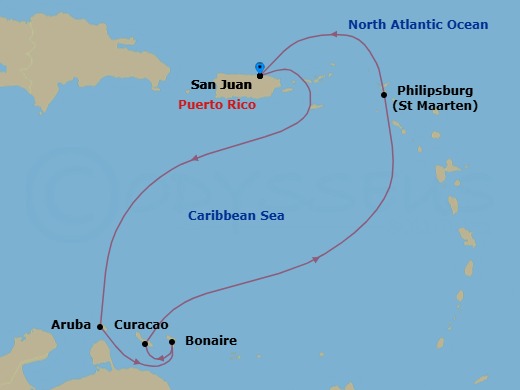 Route map: San Juan → Aruba → Bonaire → Curacao → Philipsburg, St. Maarten → San Juan