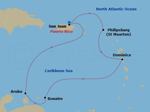 Route map: San Juan → Aruba → Bonaire → Dominica → Philipsburg, St. Maarten → San Juan