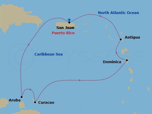 Route map: San Juan → Aruba → Curacao → Dominica → Antigua → San Juan