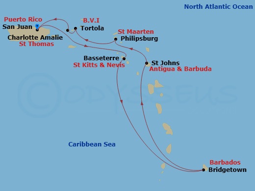 Route map: San Juan, Pr → Basseterre, Saint Kitts - Nevis → Bridgetown, Barbados → St  Johns  Antigua → Philipsburg St  Maarten, Netherland Antilles → Tortola, British Virgin Islands → St Thomas, Vi → San Juan, Pr