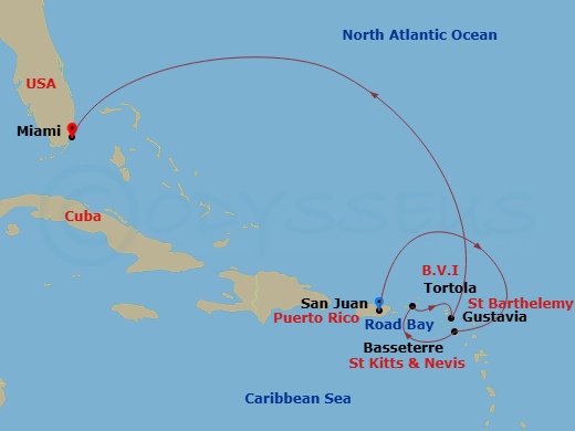 Route map: San Juan → Basseterre → Tortola/Road Town → Gustavia → Road Bay → Miami