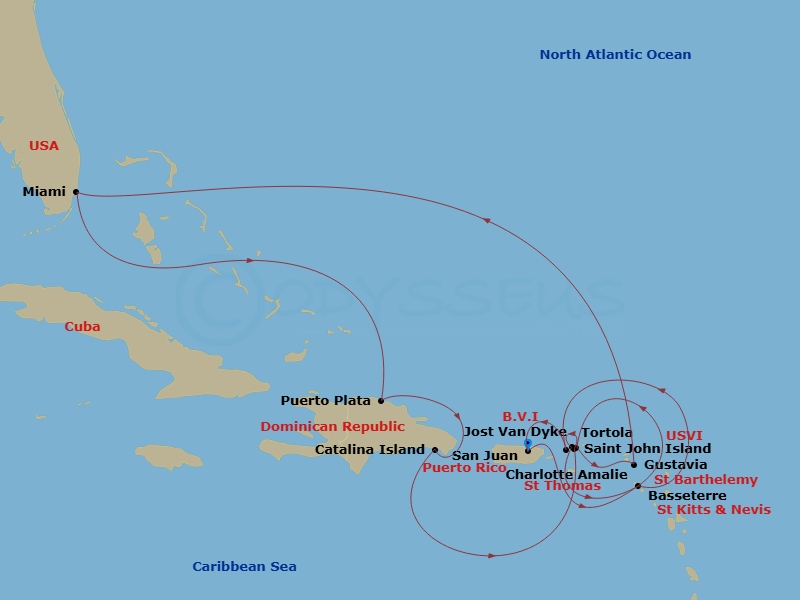 Route map: San Juan → Basseterre → Tortola/Road Town → Gustavia → Road Bay → Miami → Puerto Plata, Dominican Republic → Isla Catalina → Saint John/Cruz Bay → New Year Fireworks Sju