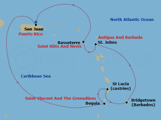 Route map: San Juan → Bequia → Castries → Bridgetown → St. John's (Antigua) → Basseterre → San Juan