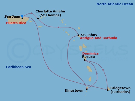 Route map: San Juan, Puerto Rico → Bridgetown, Barbados → Roseau, Dominica → Kingstown, St. Vincent → St. Johns, Antigua → Charlotte Amalie, St. Thomas → San Juan, Puerto Rico