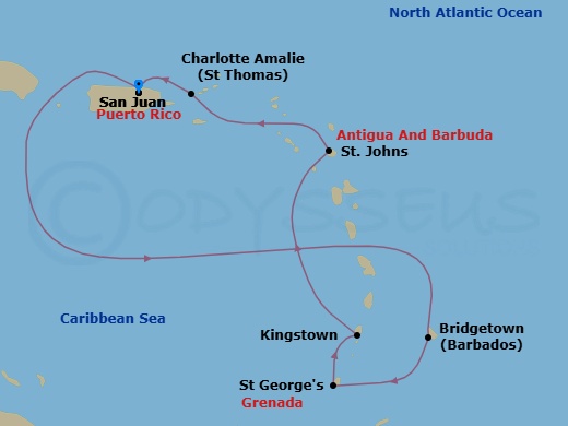Route map: San Juan, Puerto Rico → Bridgetown, Barbados → St. George's, Grenada → Kingstown, St. Vincent → St. Johns, Antigua → Charlotte Amalie, St. Thomas → San Juan, Puerto Rico
