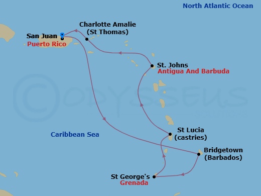 Route map: San Juan, Puerto Rico → Bridgetown, Barbados → St. George's, Grenada → Castries, St. Lucia → St. Johns, Antigua → Charlotte Amalie, St. Thomas → San Juan, Puerto Rico