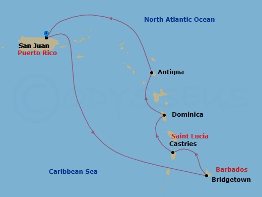 Route map: San Juan → Barbados → St Lucia → Dominica → Antigua → San Juan