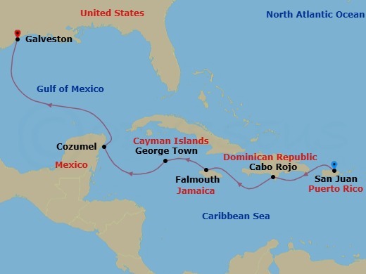 Route map: San Juan, Pr → Cabo Rojo, Dominican Republic → Falmouth, Jamaica → George Town, Cayman Islands → Cozumel, Mexico → Galveston  Texas, Tx