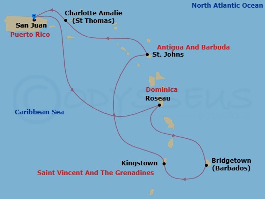 Route map: San Juan, Puerto Rico → Roseau, Dominica → Bridgetown, Barbados → Kingstown, St. Vincent → St. Johns, Antigua → Charlotte Amalie, St. Thomas → San Juan, Puerto Rico