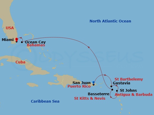 Route map: San Juan → Gustavia → St. John's (Antigua) → Basseterre → Ocean Cay → Miami