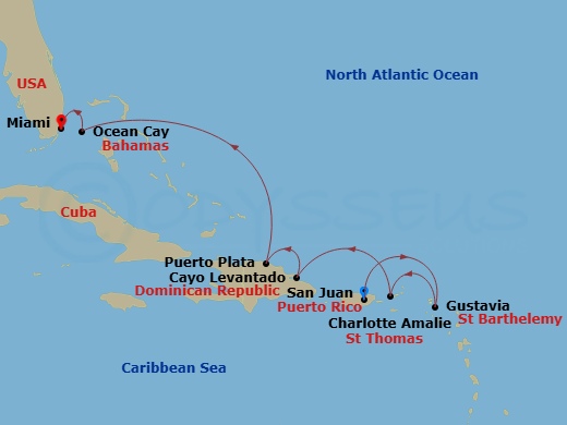 Route map: San Juan → Gustavia → Charlotte Amalie (Saint Thomas) → Cayo Levantado, Dominican Republic → Puerto Plata, Dominican Republic → Ocean Cay → Miami