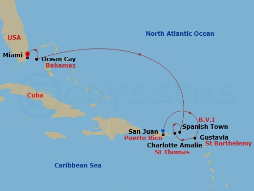 Route map: San Juan → Gustavia → Charlotte Amalie (Saint Thomas) → Spanish Town (Virgin Gorda) → Ocean Cay → Miami