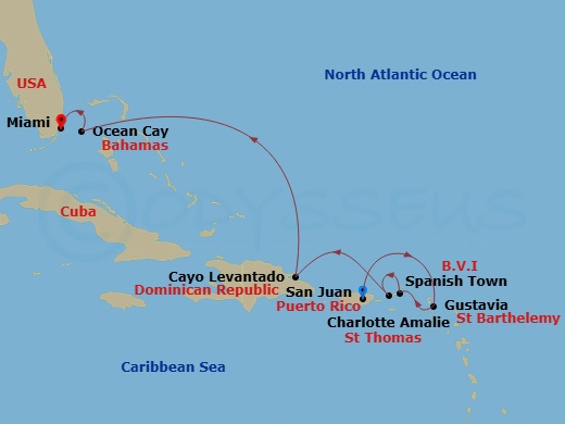 Route map: San Juan → Gustavia → Spanish Town (Virgin Gorda) → Charlotte Amalie (Saint Thomas) → Cayo Levantado, Dominican Republic → Ocean Cay → Miami