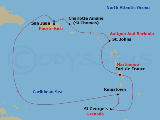 Route map: San Juan, Puerto Rico → Kingstown, St. Vincent → St. George's, Grenada → Fort-De-France, Martinique → St. Johns, Antigua → Charlotte Amalie, St. Thomas → San Juan, Puerto Rico