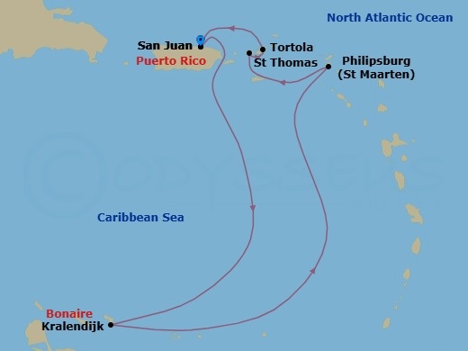 Route map: San Juan, Pr → Kralendijk, Netherland Antilles → Philipsburg St  Maarten, Netherland Antilles → St Thomas, Vi → Tortola, British Virgin Islands → San Juan, Pr